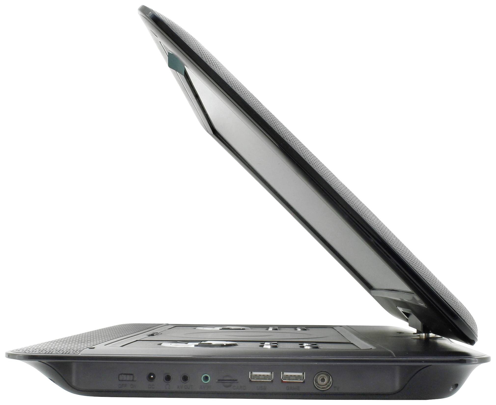 Čiastočne otvorený notebook z bočného pohľadu, ktorý zobrazuje konektory ako USB a audio, ako aj výrezy pre vetranie.