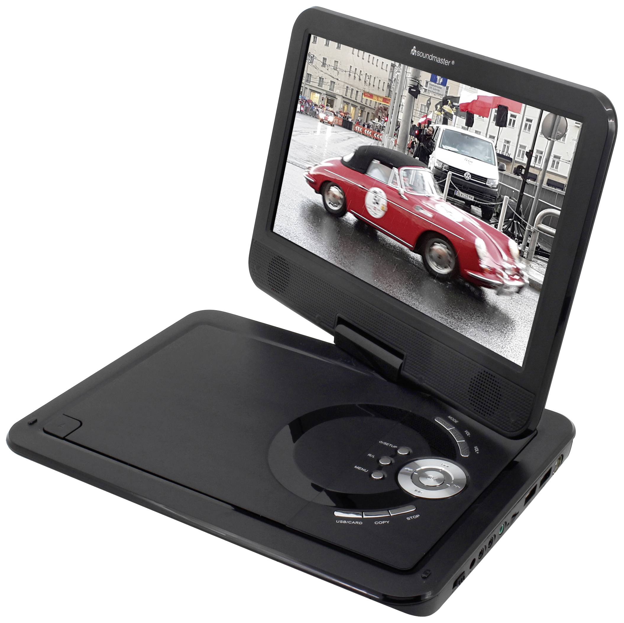 Prenosný DVD prehrávač s otvorenou obrazovkou. Na displeji je vidieť červené veteránske auto počas cestnej jazdy.