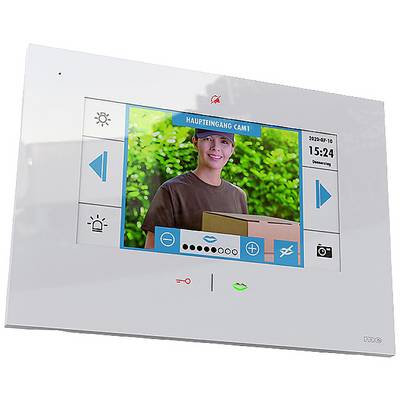 Videovrátnik zobrazuje osobu s balíkmi pred 'Hlavným vstupom CAM1'. Na obrazovke je zobrazený čas a dátum.