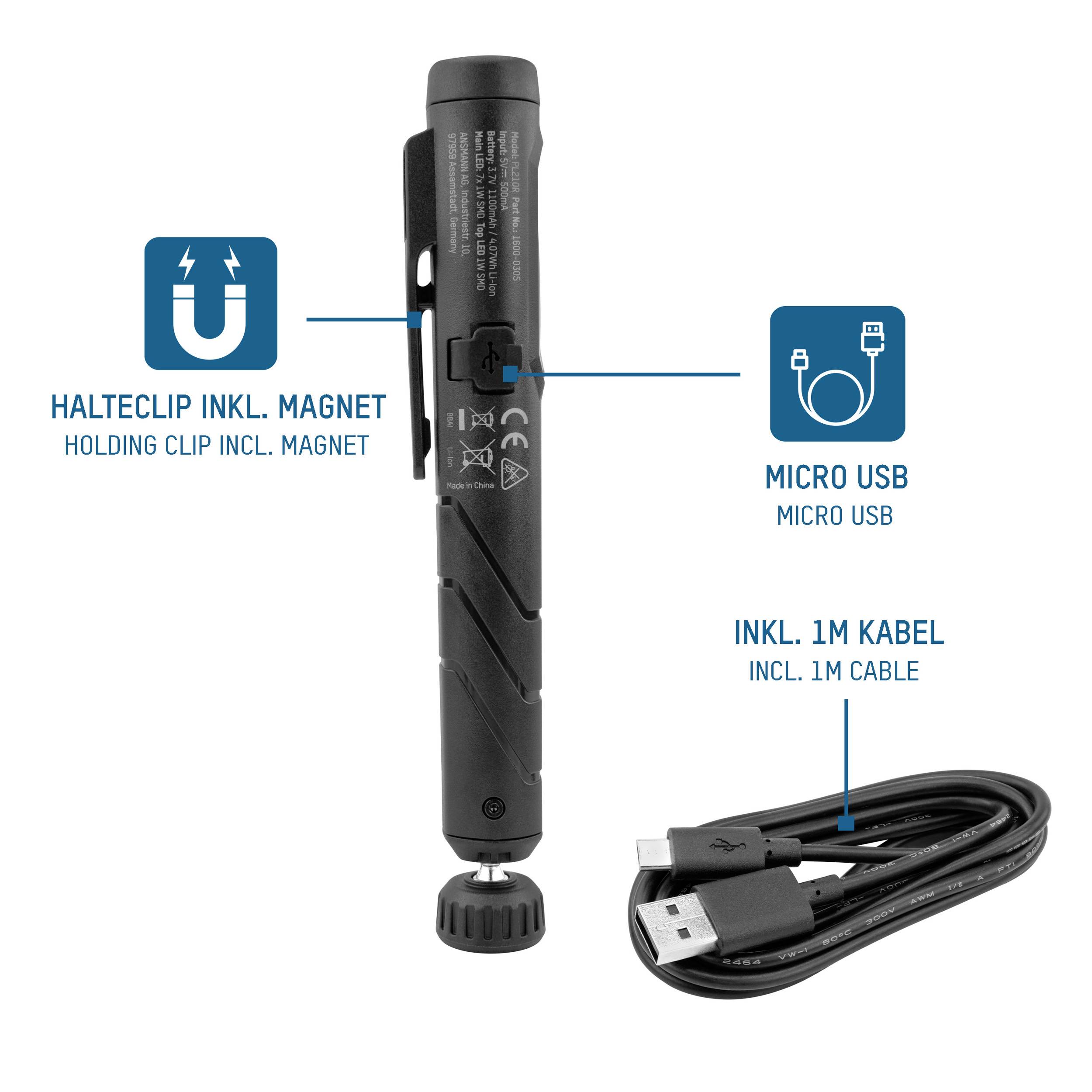 Elektronické zariadenie s držiakom a magnetom. Zobrazuje micro USB port. Kábel súčasťou balenia. Text: 'DRŽIAK VRÁTANE MAGNETU', 'MICRO USB', 'VRÁTANE 1M KÁBLA'.