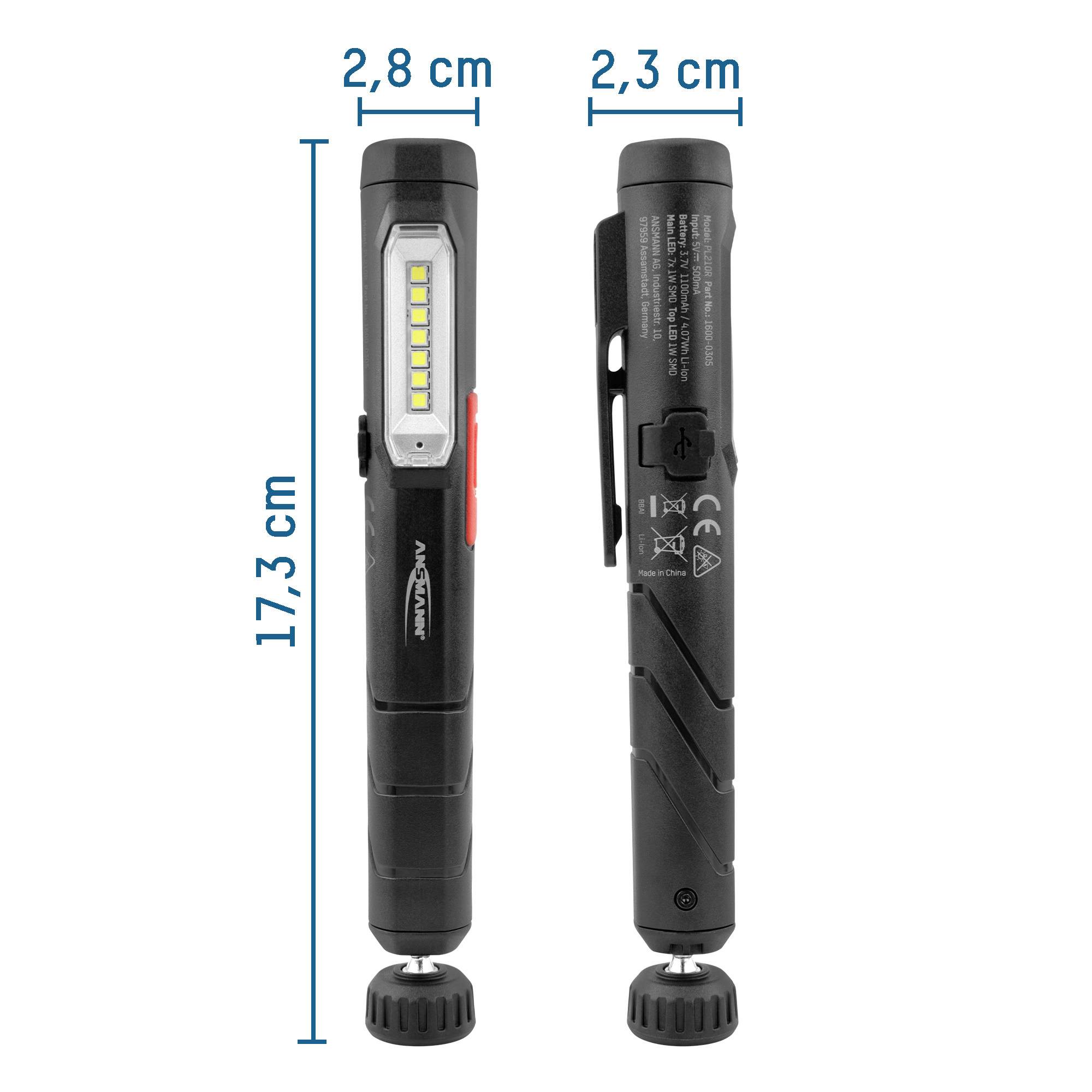 Dve čierne baterky s LED svetlami, jedna zobrazená spredu, druhá zboku. Rozmery: 17,3 cm výška, 2,8 cm šírka, 2,3 cm hĺbka.