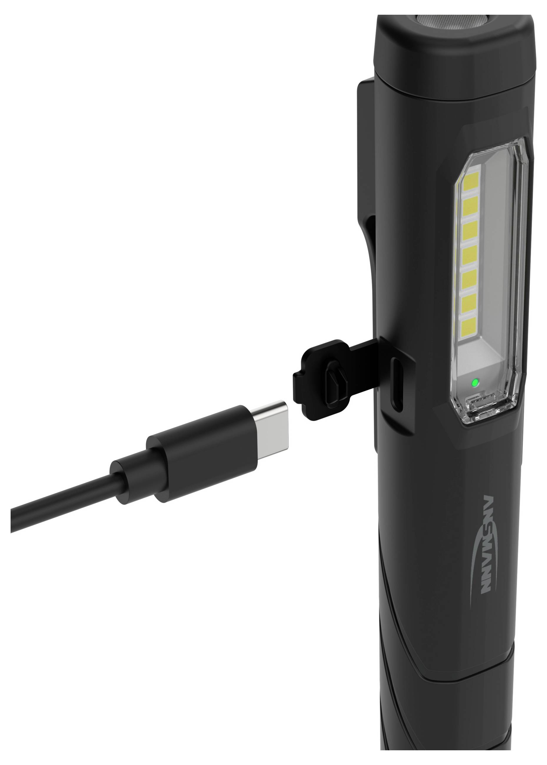 Čierna LED baterka od Ansmannu s bočnými svetlami, dodávaná s USB-C nabíjacím káblom.