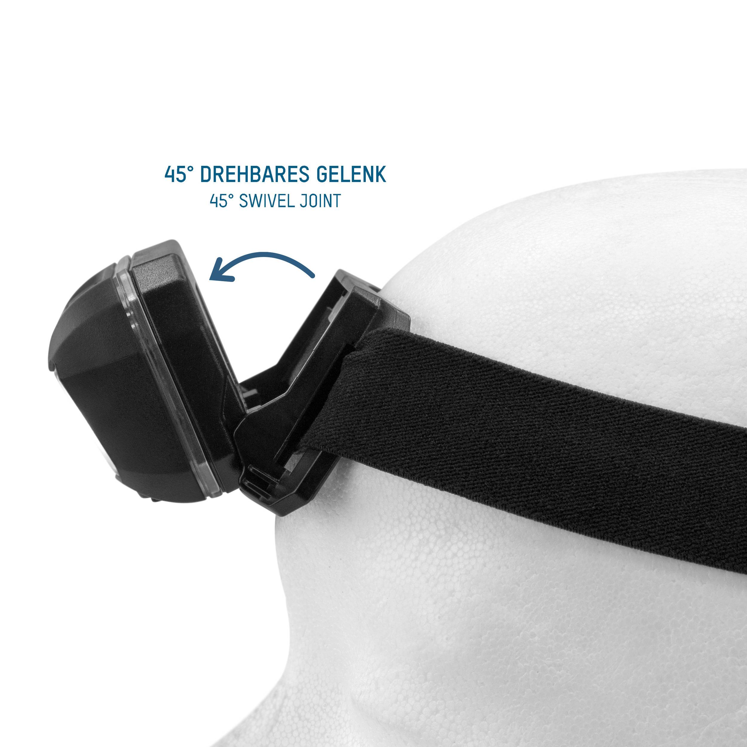 Čelová lampa s 45-stupňovým otočným kĺbom umiestnená na bielej figuríne. Šípka znázorňuje rotačnú funkciu kĺbu.