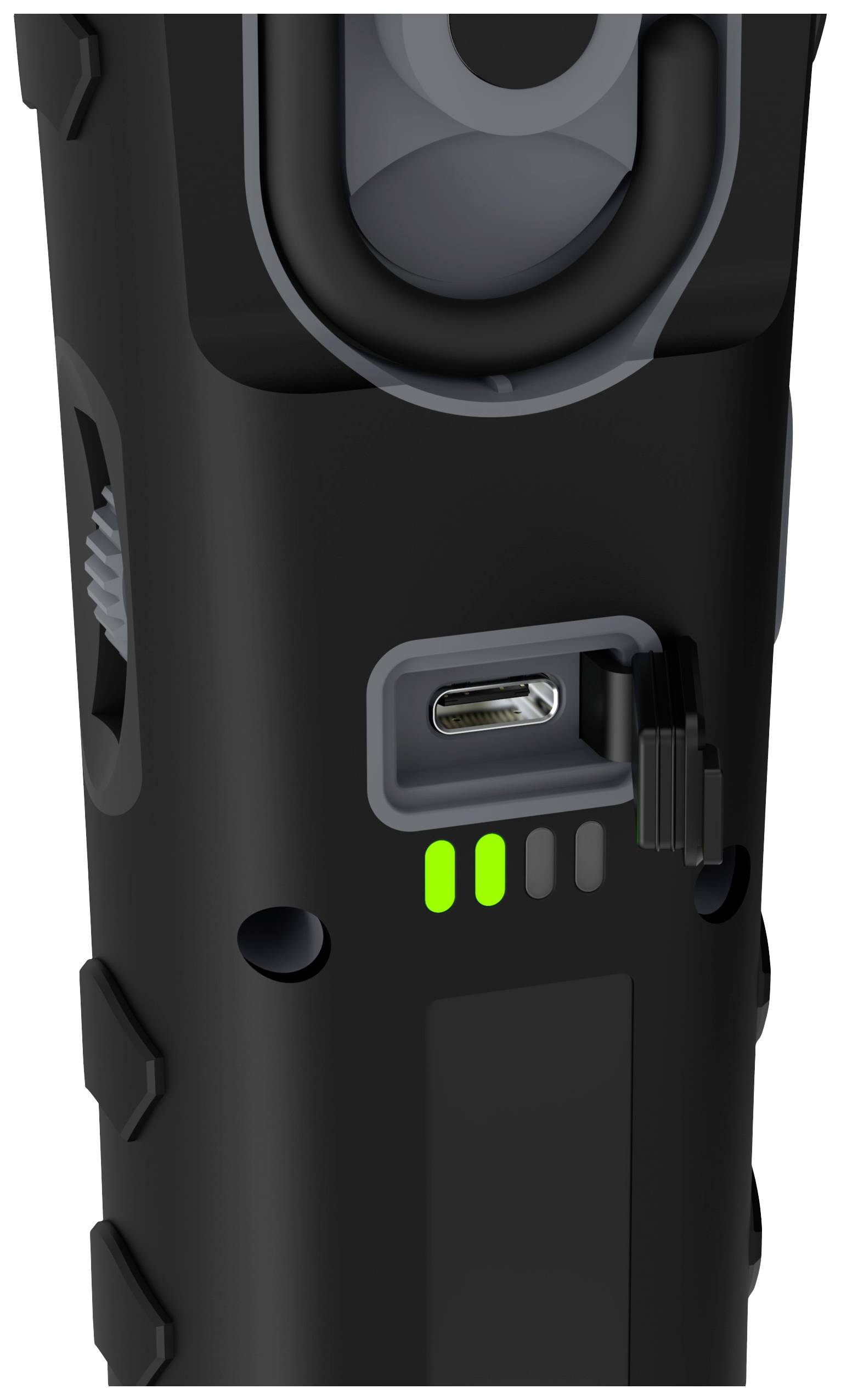 Čierne zariadenie s USB-C portom, dvomi zelenými kontrolkami a štruktúrovanou rukoväťou.