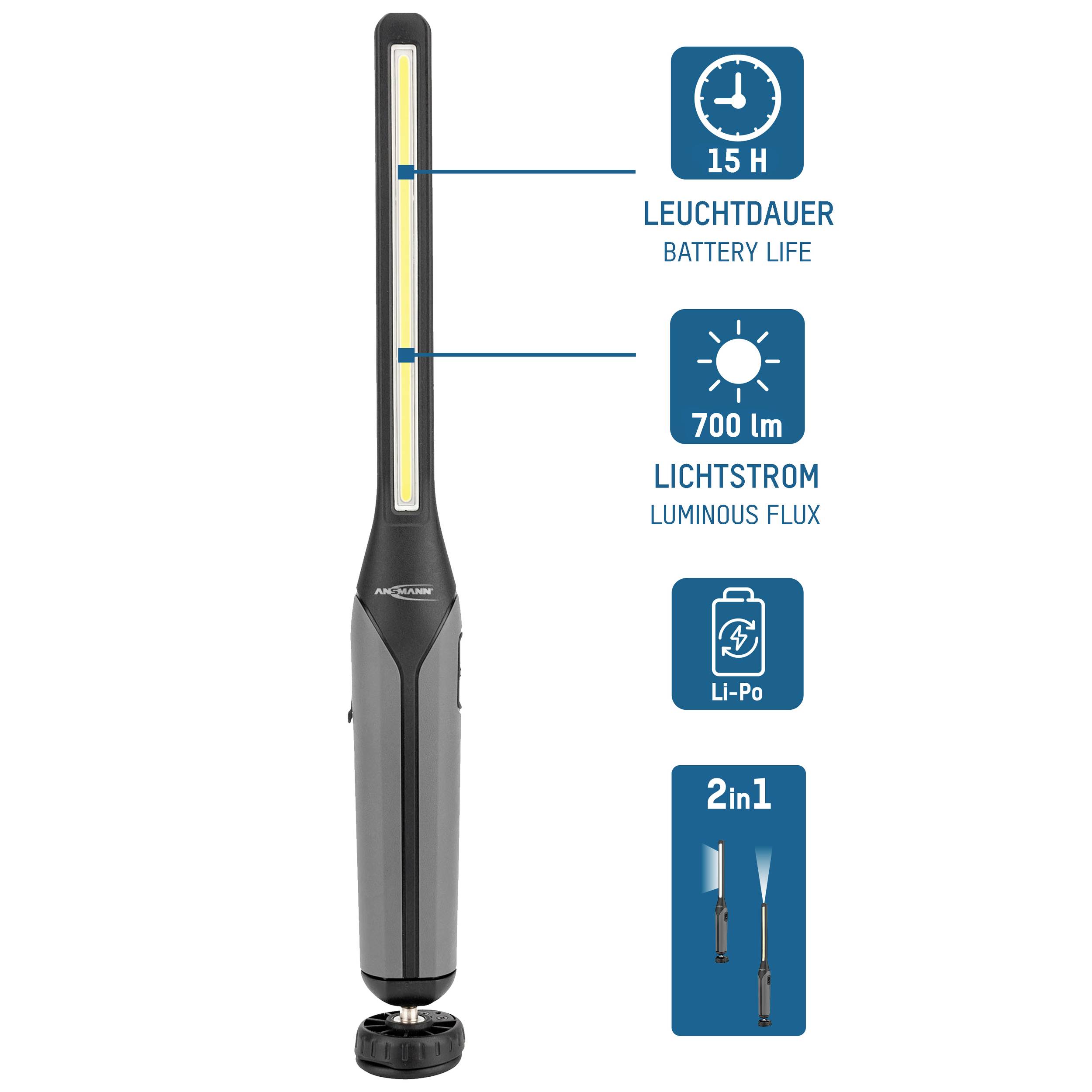 Čierna LED lampa s dlhým svetelným pruhom. Popisy uvádzajú '15H svietenia', '700 lm svetelný tok' a 'Li-Po akumulátor'.