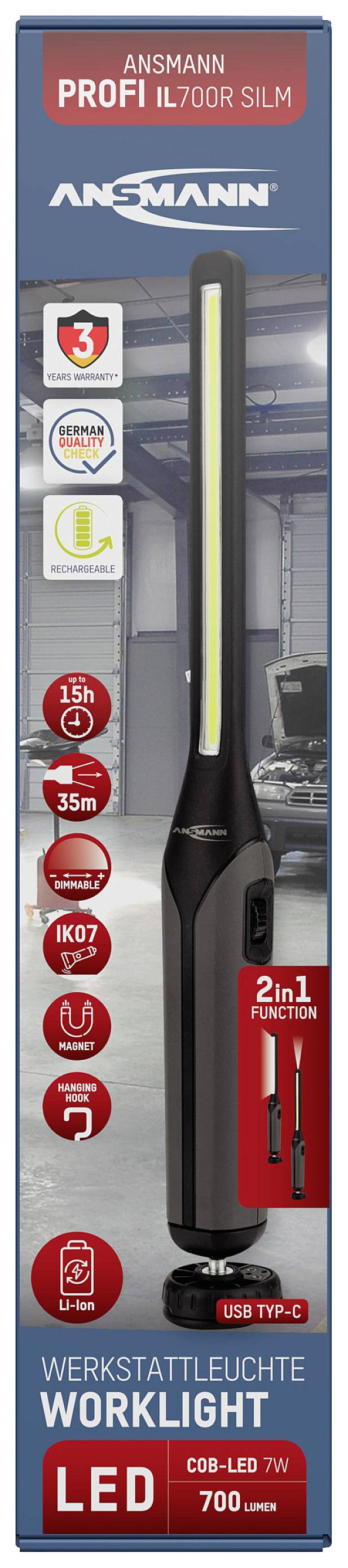 Pracovná LED lampa Ansmann v obale s obrázkom lampy a technickými údajmi vrátane krytia IP a údajov o svetelnom toku.