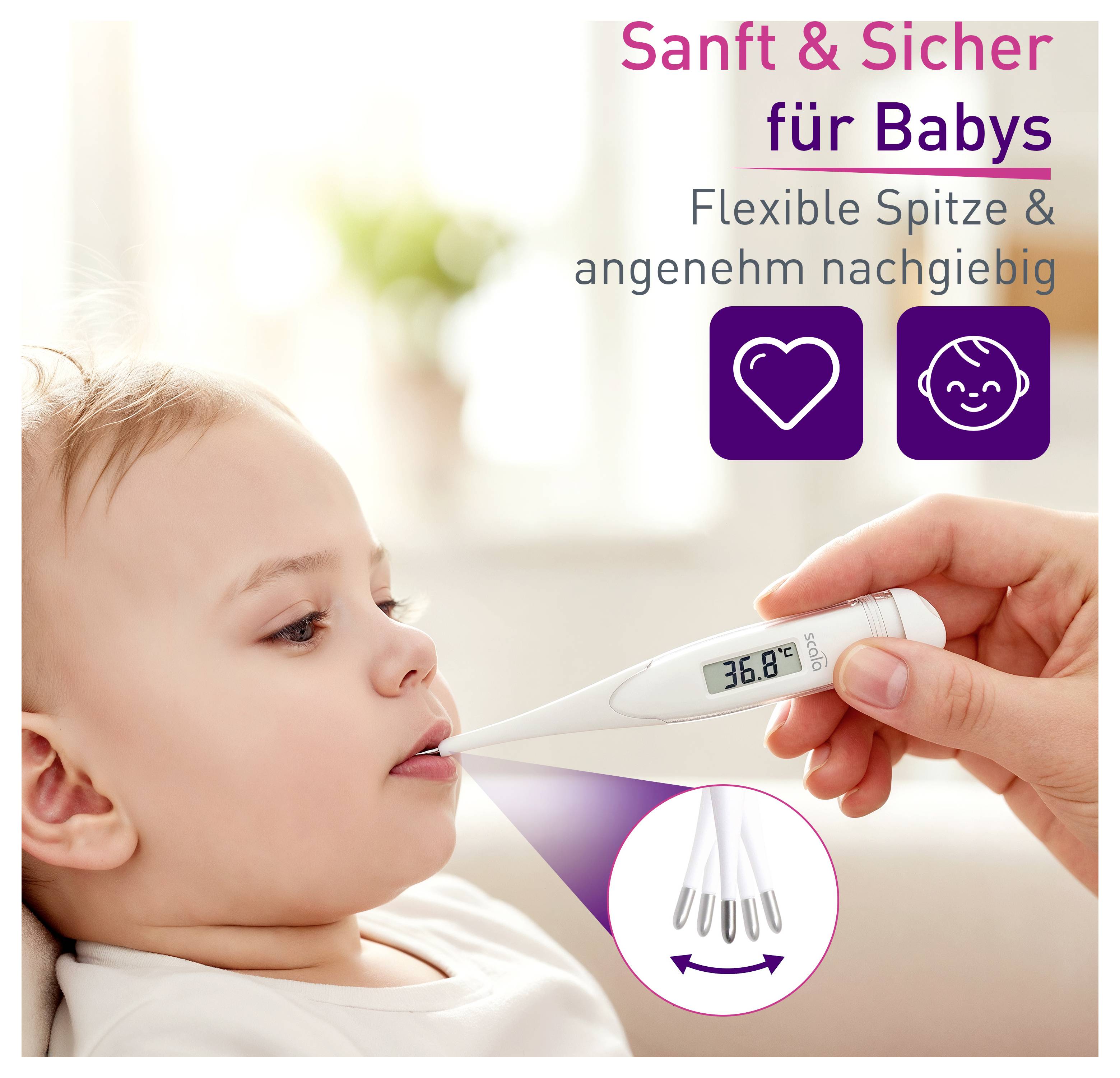 Bábätko sa meria digitálnym teplomerom v dutine úst, ktorý ukazuje teplotu 36,8 °C. Text zdôrazňuje bezpečnosť.
