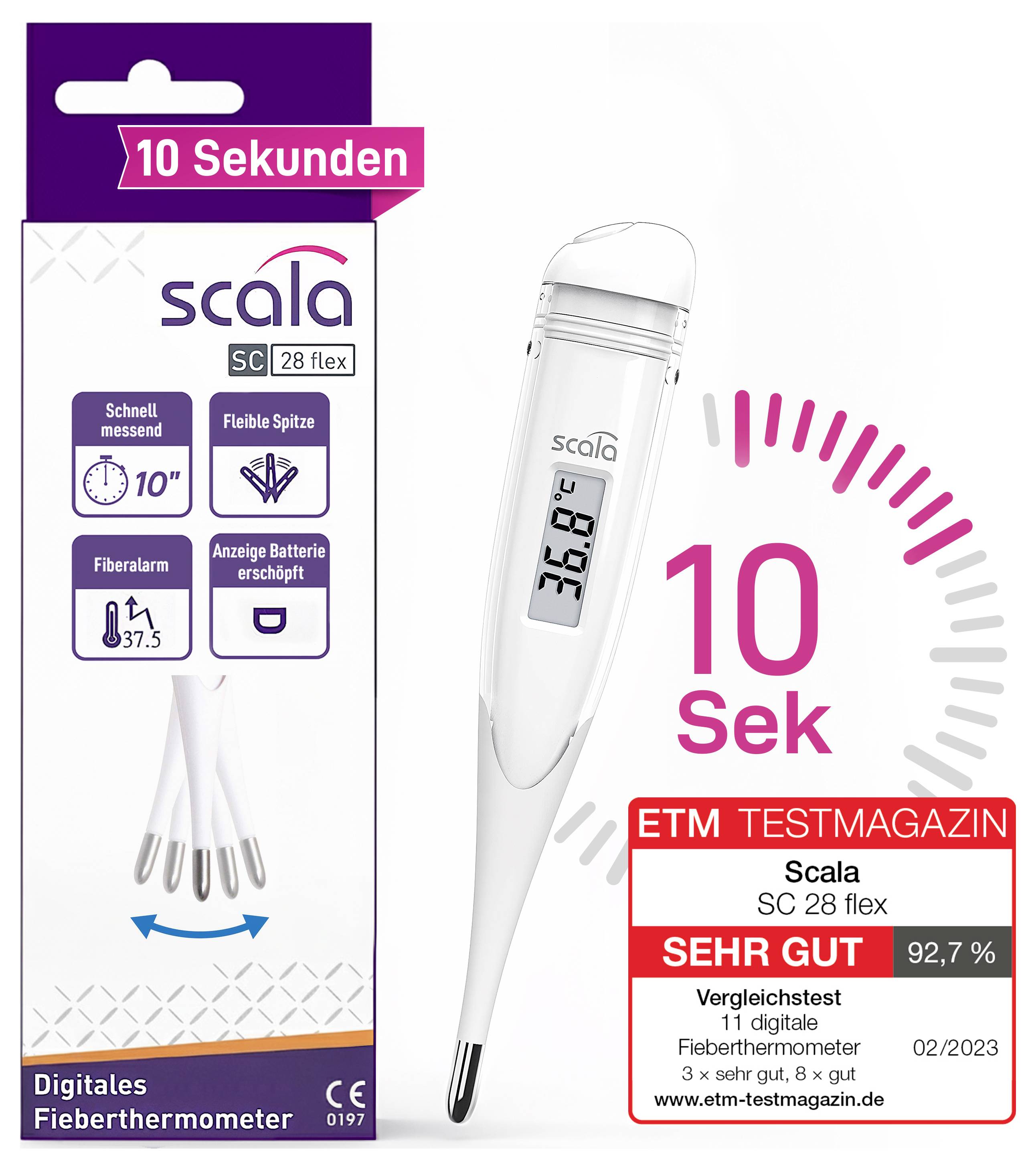 "Digitálny teplomer Scala SC 28 flex ukazuje 36,8°C. Vľavo balenie, vpravo testovací výsledok „Veľmi dobrý" s 92,7%."