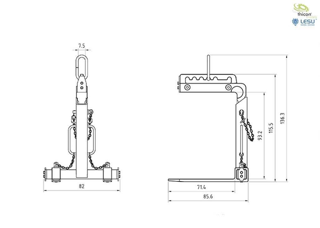 Technický výkres zdvíhacieho zariadenia s rozmermi. Zobrazuje pohľad z boku a spredu. Rozmery v milimetroch: šírka 82, výška 186,3.