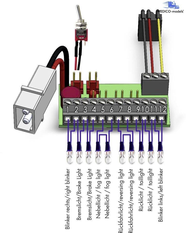 Diagram elektrického obvodu s číslovaním od 1 do 11, vedeniami a prepínačmi. Popisy zobrazujú funkcie ako smerové svetlá a brzdové svetlo.
