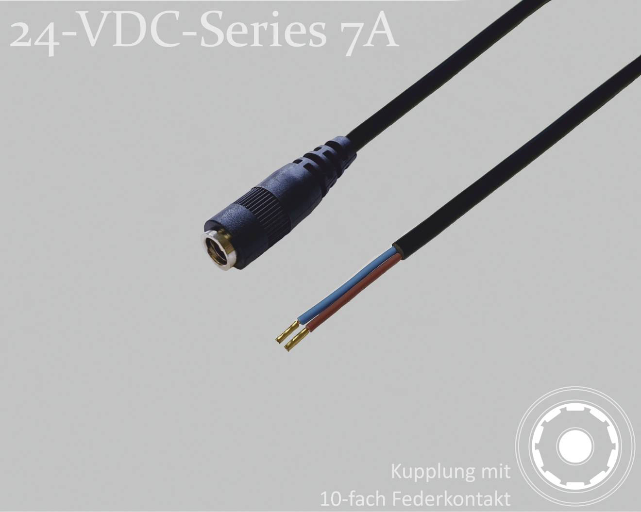 Kábel elektrickej konektivity s odkrytým koncom vodiča. Označenie: '24-VDC-Series 7A'. Dole: 'Zásuvka s 10-násobným pružinovým kontaktom'.