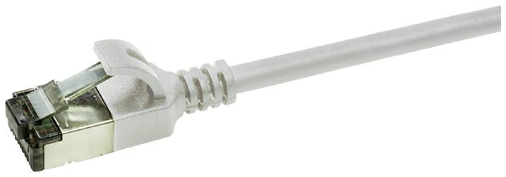 Biely ethernetový kábel s RJ45 konektorom pre sieťové pripojenia.