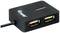 Čierny USB hub s dvoma USB portami, názov značky viditeľný hore.