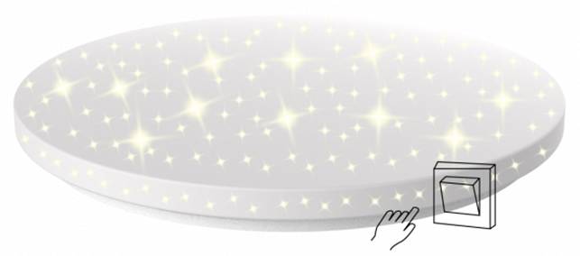 Svieti mnohými malými svetelnými bodmi, ktoré žiaria ako hviezdy. Vedľa ilustrácia ruky, ktorá sa dotýka vypínača.