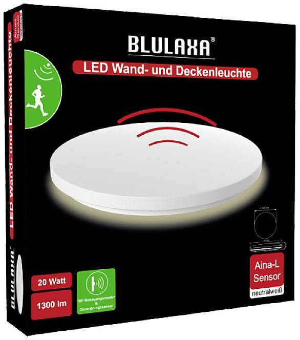 'BLULAXA LED Nástenné a stropné svietidlo' balenie so symbolmi senzorov a technickými údajmi: 20 wattov, 1300 lumenov, neutrálna biela.