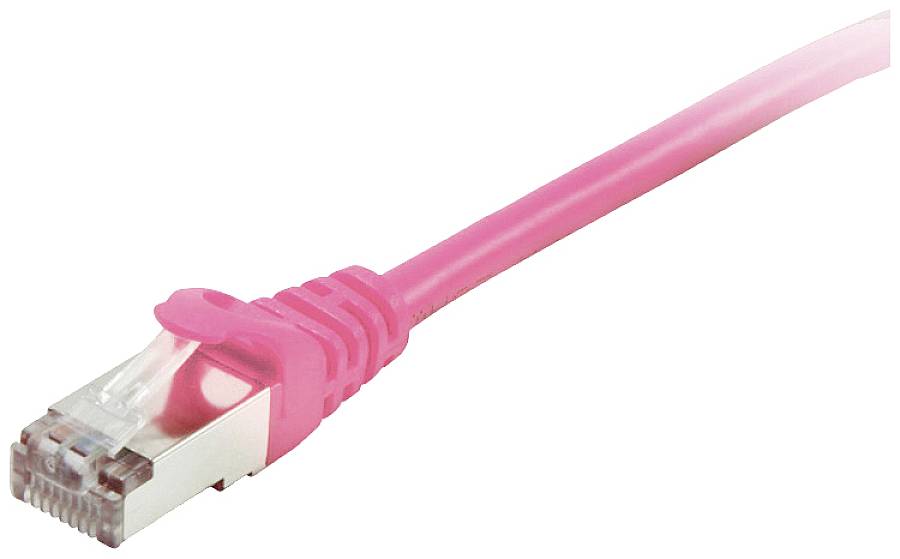 Ružový ethernetový kábel s konektorom RJ-45, ktorý sa používa na sieťové pripojenia.