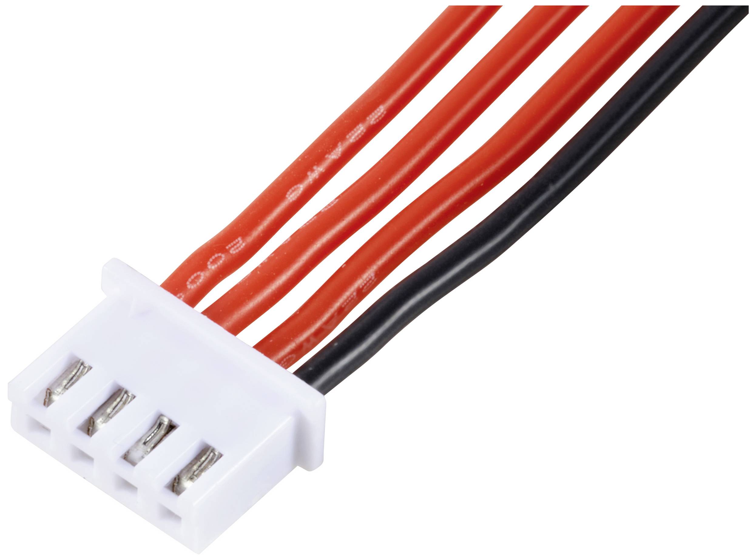 Viacžilový kábel so zástrčkou, dva červené a dva čierne vodiče, určený pre elektronické prepojenia.