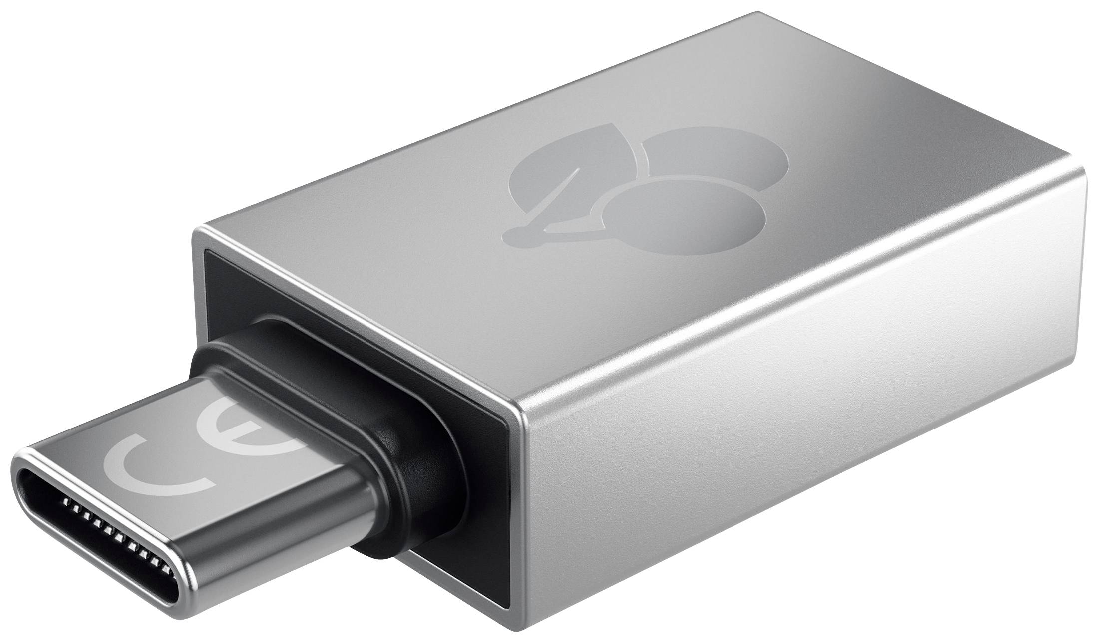 USB-C adaptér s hliníkovým krytom a CE označením na bočnej strane.
