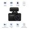 Čierna palubná kamera s rozlíšením 4K, 60 snímkami za sekundu, záberom 170 stupňov, podporou microSD kariet do 128 GB, GPS a ovládaním cez WiFi aplikáciu.