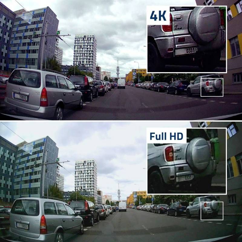 Hore: Ulica s parkujúcimi autami v 4K rozlíšení, výrez evidenčného čísla vozidla. Dole: Rovnaká ulica vo Full HD, evidenčné číslo rozmazané.