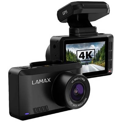 Palubná kamera s integrovaným displejom zobrazuje záznam v 4K kvalite počas jazdy. Na zariadení je viditeľný nápis 'LAMAX' a GPS modul.
