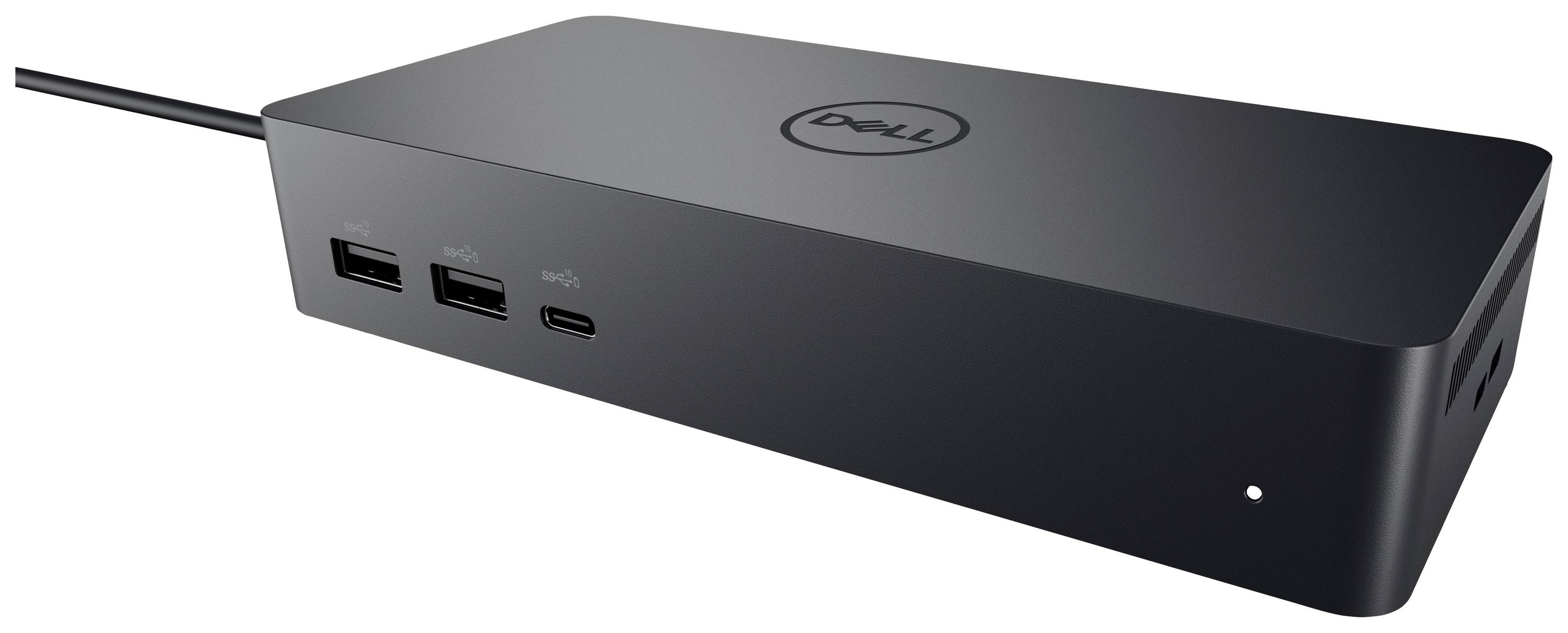 Čierna dokovacia stanica Dell s viacerými USB portami na prednej strane, vhodná na pripojenie periférnych zariadení.