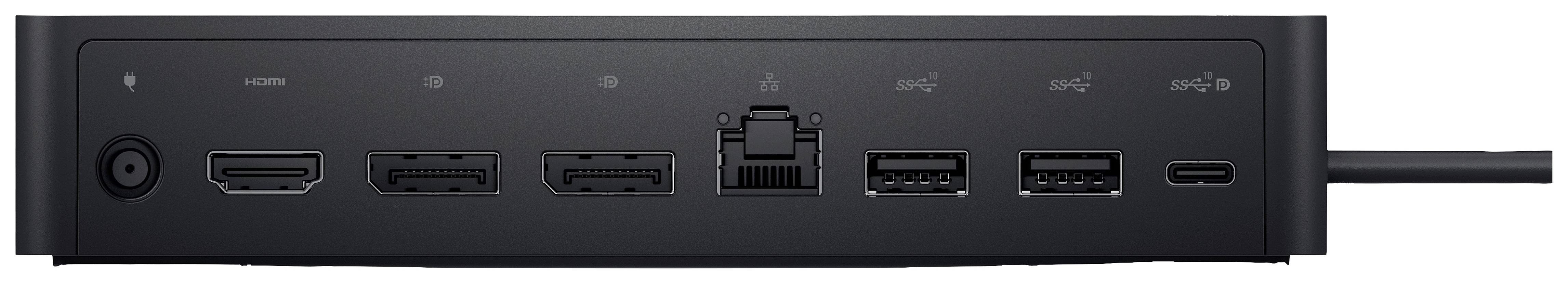 Panel konektorov elektronického zariadenia s portami HDMI, DisplayPort, USB a Ethernet vedľa seba v jednom rade.