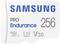 Biela pamäťová karta Samsung microSDXC 256GB s označením 'PRO Endurance', symboly tried rýchlosti U3 a V30.