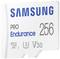 'Samsung PRO Endurance microSD karta 256 GB, biela. Vhodná pre nepretržité nahrávanie a intenzívne použitie vďaka vysokej rýchlosti zápisu.'
