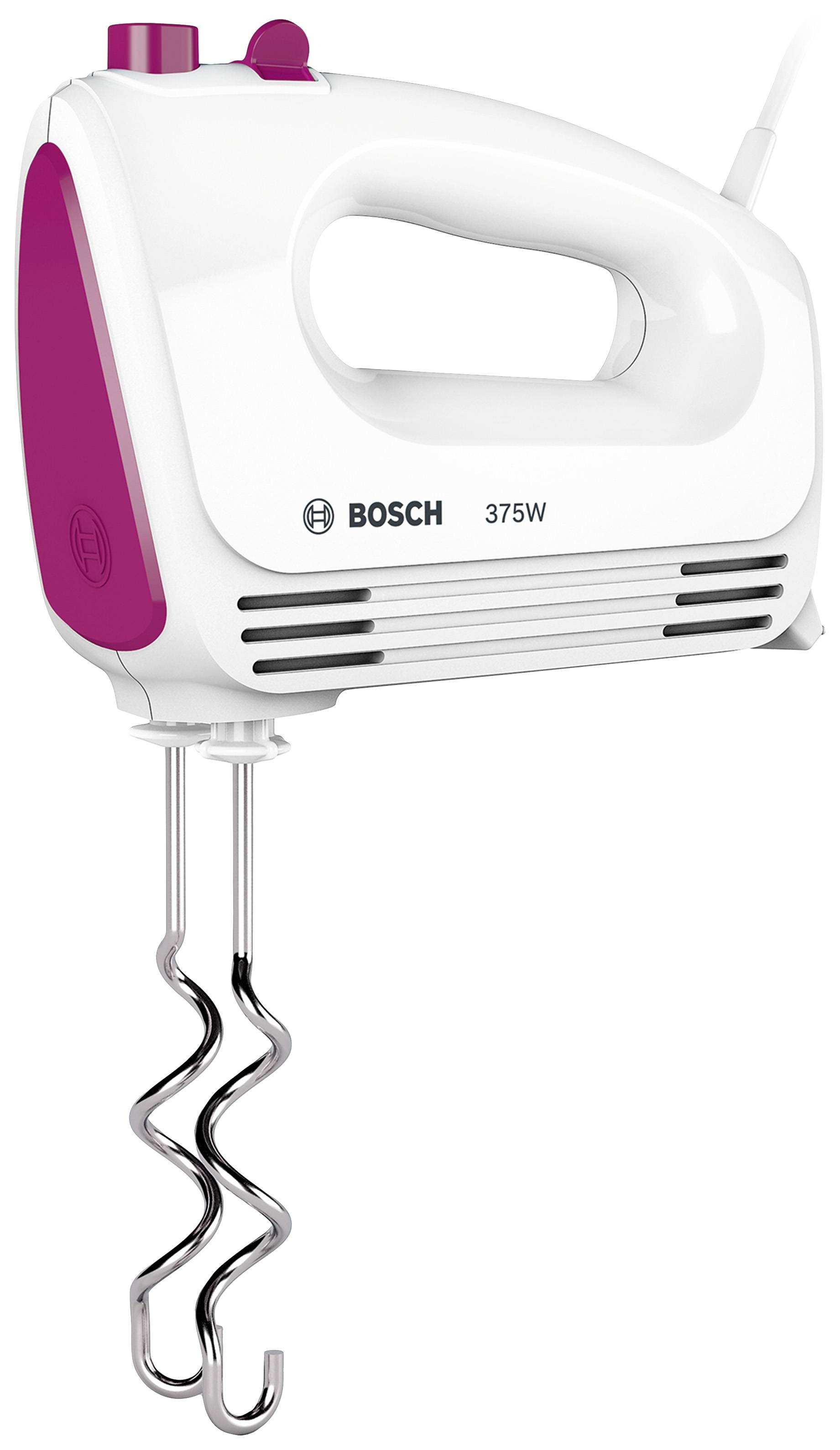 Biely ručný mixér s fialovými akcentmi a dvoma hnetacími hákovými nadstavcami. Názov značky a výkon (375W) sú viditeľné.