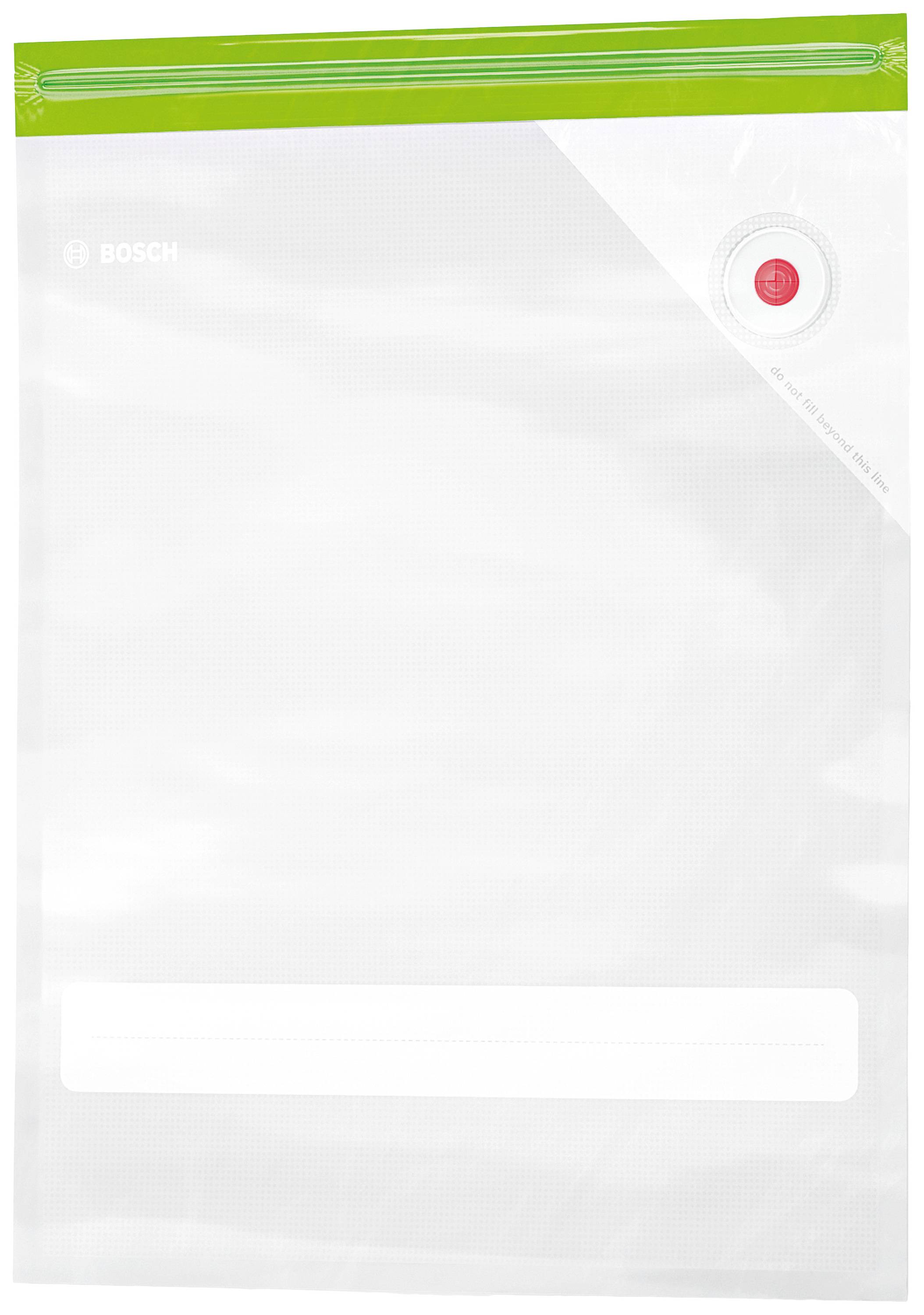 Vákuový sáčok z priehľadného plastu so zeleným uzatváracím prúžkom. V ľavom hornom rohu je logo. Vhodný na uskladnenie potravín.