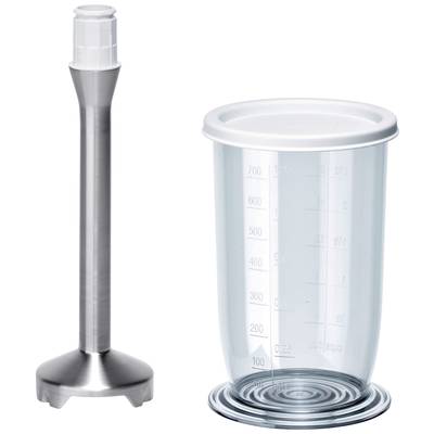Ponorný mixér z nehrdzavejúcej ocele a priehľadný odmerný pohár s vekom, označený až do 700 ml. Ideálny na mixovanie a meranie ingrediencií.