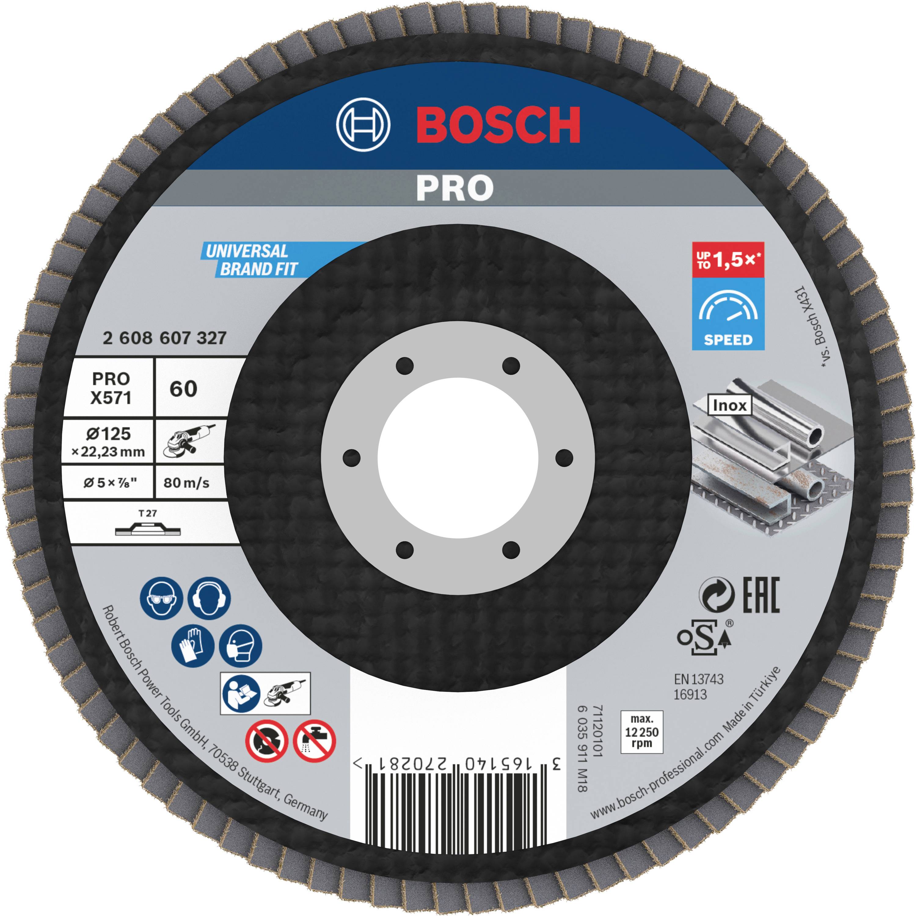 Brúsny kotúč 'Bosch Pro', priemer 125 mm, zrnitosť 60, vhodný na opracovanie kovu, vrátane bezpečnostných symbolov a pokynov na použitie.