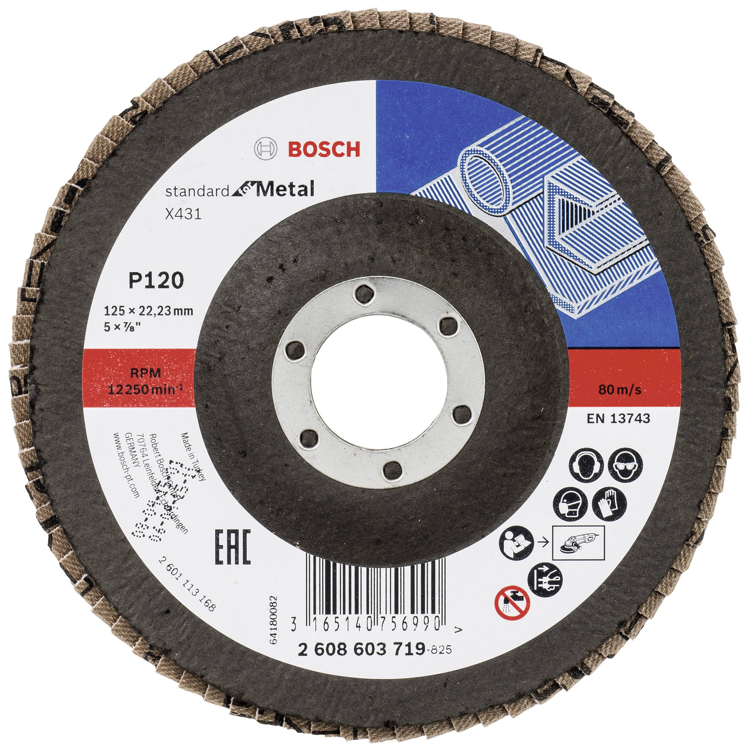 Brúsny kotúč značky Bosch na opracovanie kovu. Špecifikácie: P120, priemer 125 mm, otáčky 12.250/min.