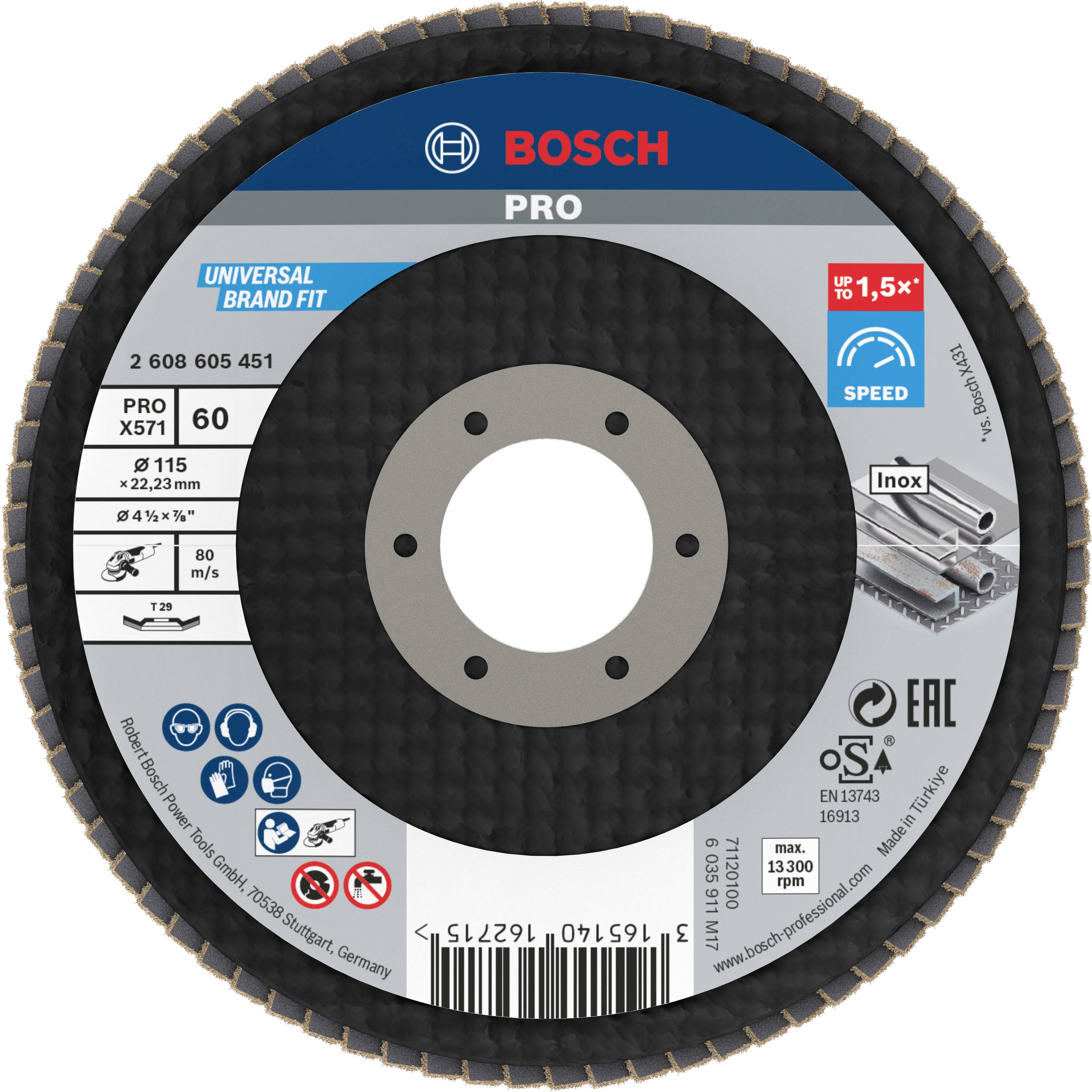Bosch Accessories 2608605451 X571 Lamellenschijf Diameter 115 mm Boordiameter 22.33 mm Korrelgrootte (num) 60 Staal 1 stuk(s) afbeelding