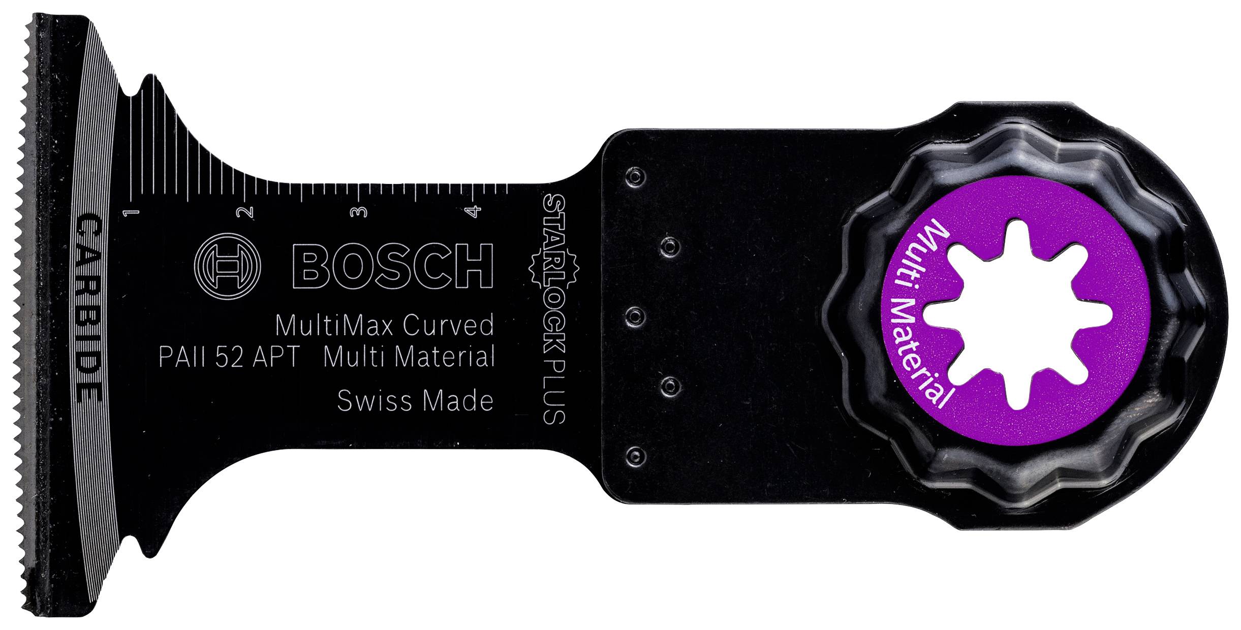 Čierne, zakrivené pílové plátky Bosch s fialovým označením "Multi Material", vhodné pre nástroje MultiMax, vyrobené vo Švajčiarsku.