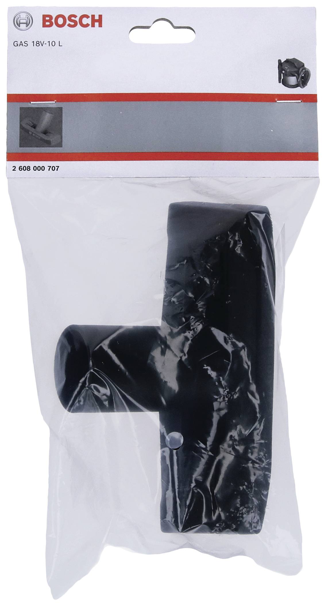 Zabalená hubica vysávača Bosch, model GAS 18V-10 L, v priehľadnom plastovom obale s červeným logom v ľavom hornom rohu.