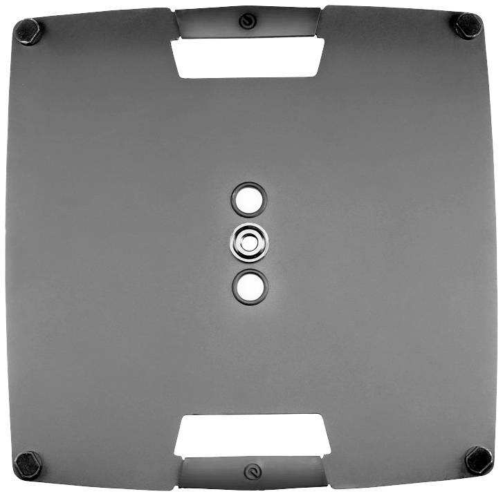 Štvorcová kovová súčiastka s dvoma skrutkami, centrálnym otvorom a dvoma upevňovacími prvkami vloženými hore a dole.