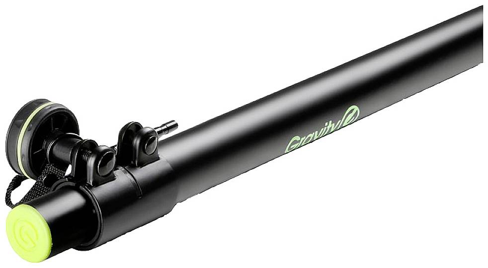 Čierne rameno stojana s zeleným logom na boku a zeleným koncovým gombíkom, vhodné pre mikrofónové stojany.