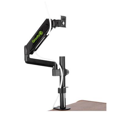 Čierny monitorový ram od značky Gravity, namontovaný na stole. Ram má držiaky na káble a umožňuje flexibilné nastavenie monitora.