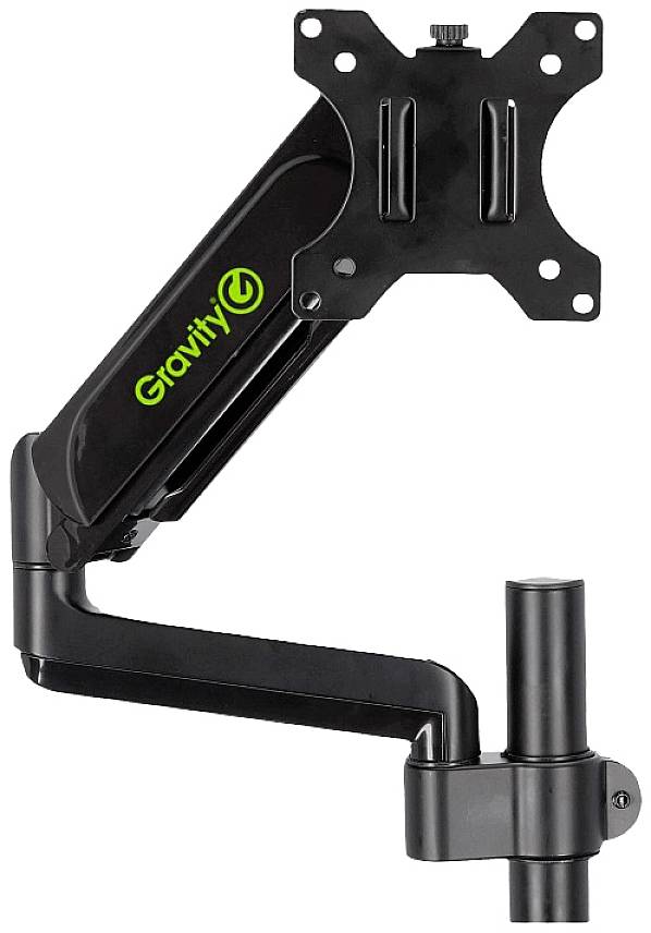 Čierny nastaviteľný držiak monitora od Gravity pre ergonomické umiestnenie obrazovky, s otočným kĺbom a zeleným logom.