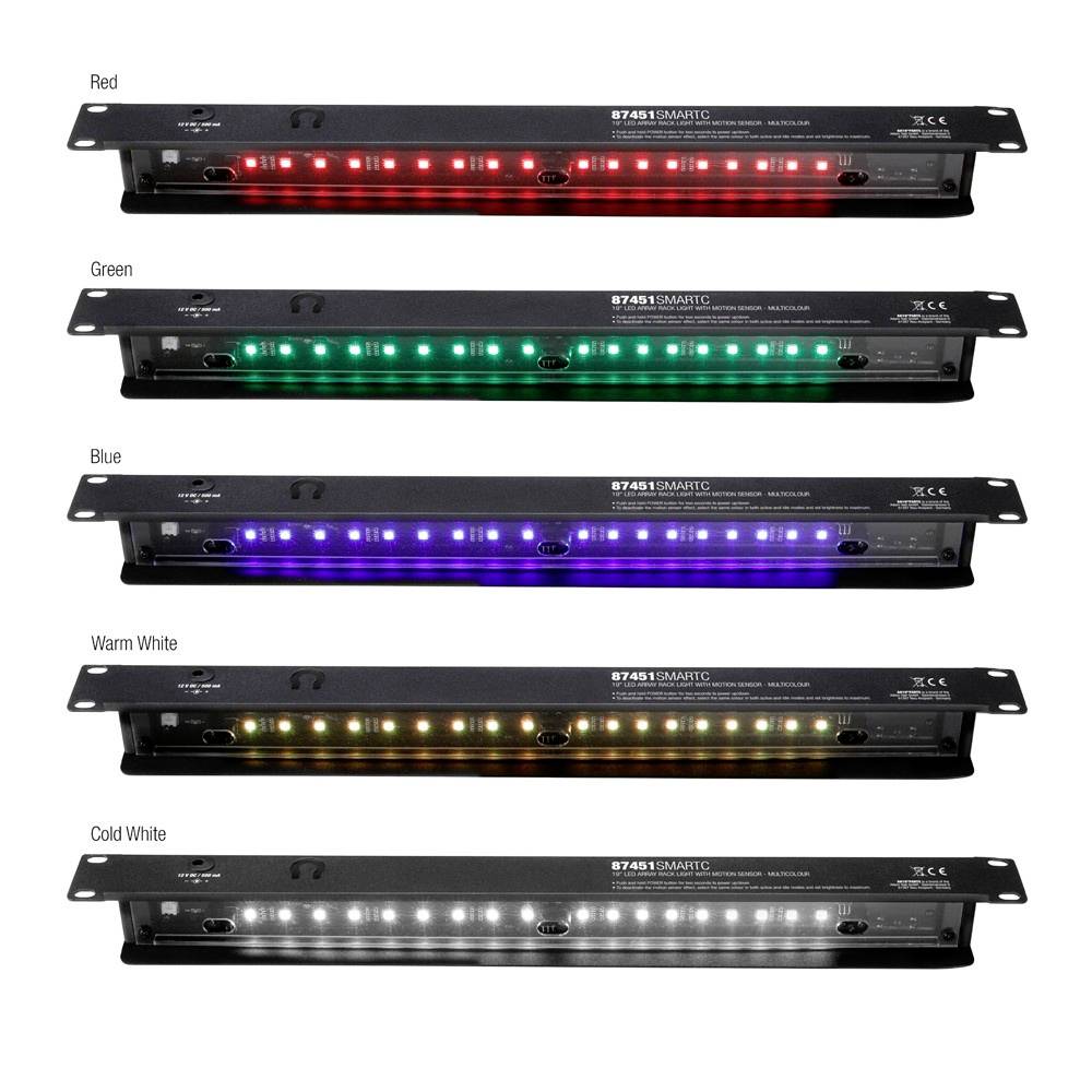 LED pásy v rôznych farbách: Červená, Zelená, Modrá, Teplá biela, Studená biela. Každý pás zobrazuje príslušnú farebnú charakteristiku svetla.