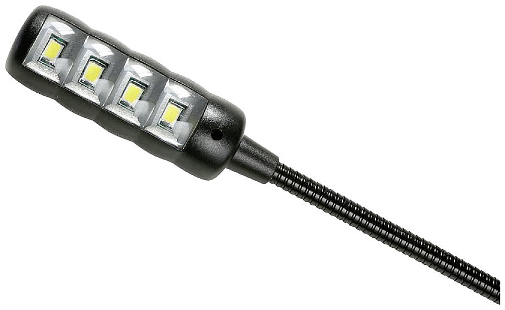 LED lampa s flexibilným ramenom, pozostávajúca zo štyroch štvorcových LED diód v čiernom držiaku.