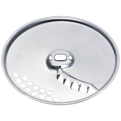 Strieborný kovový disk so zúbkatým nožom na okraji a okrúhlymi otvormi; typický doplnok do kuchynského robota, určený na strúhanie a krájanie.