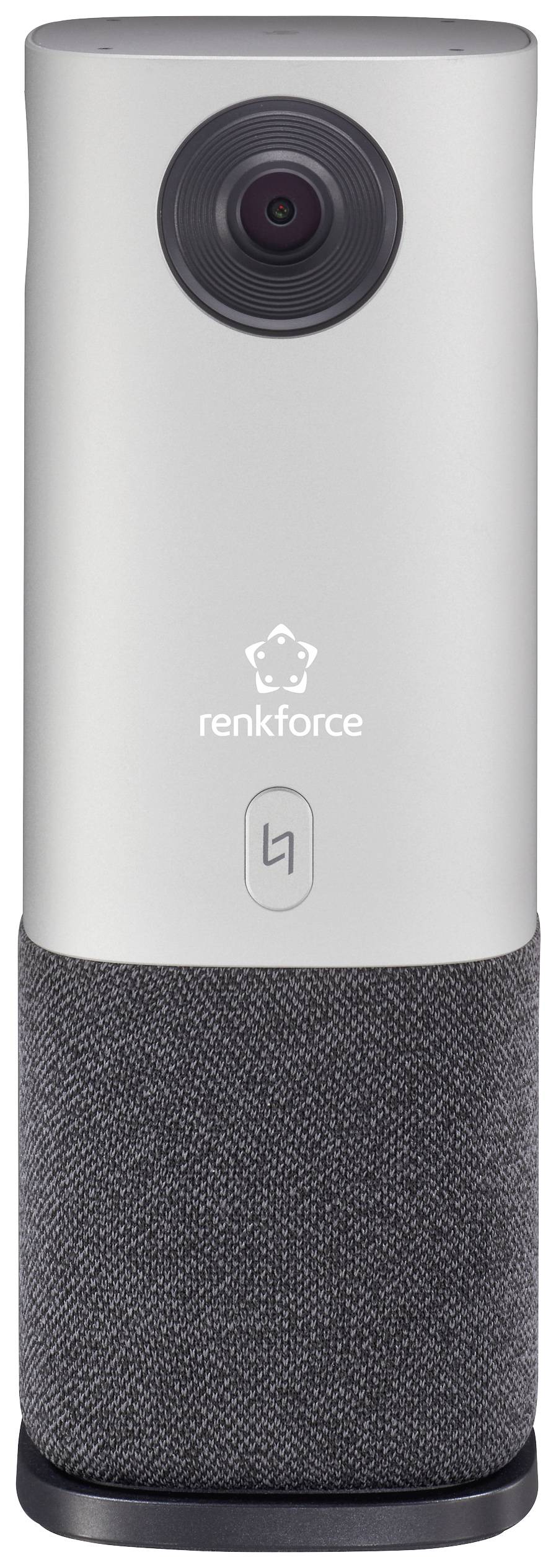 Renkforce bezpečnostná kamera s čiernou textilnou spodnou časťou, strieborným krytom a objektívom hore. Ideálna pre vnútornú surveillance.