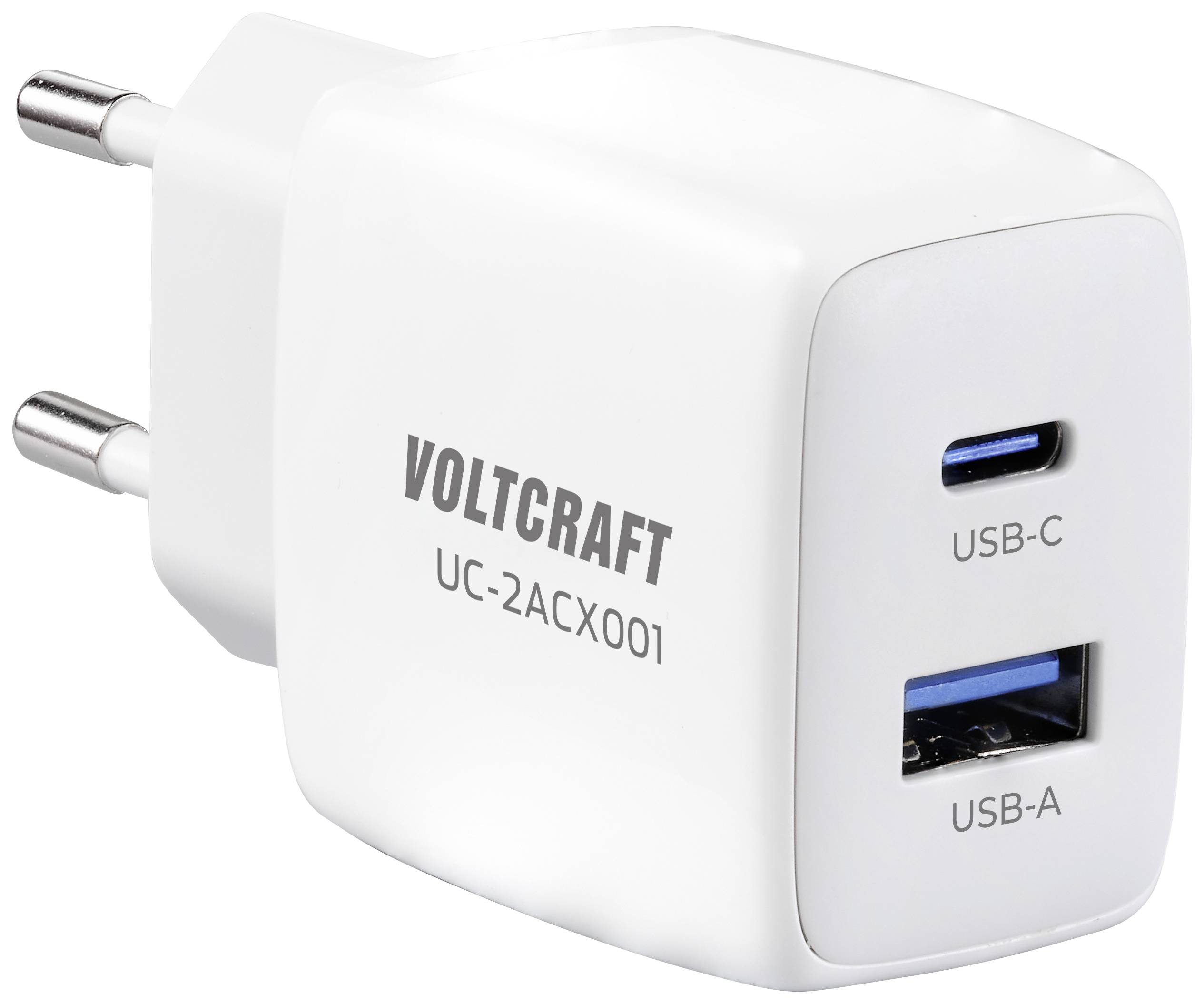 Biela sieťová nabíjačka s dvoma USB portami: USB-C a USB-A. Na kryte je označenie 'VOLTCRAFT UC-2ACX001'.