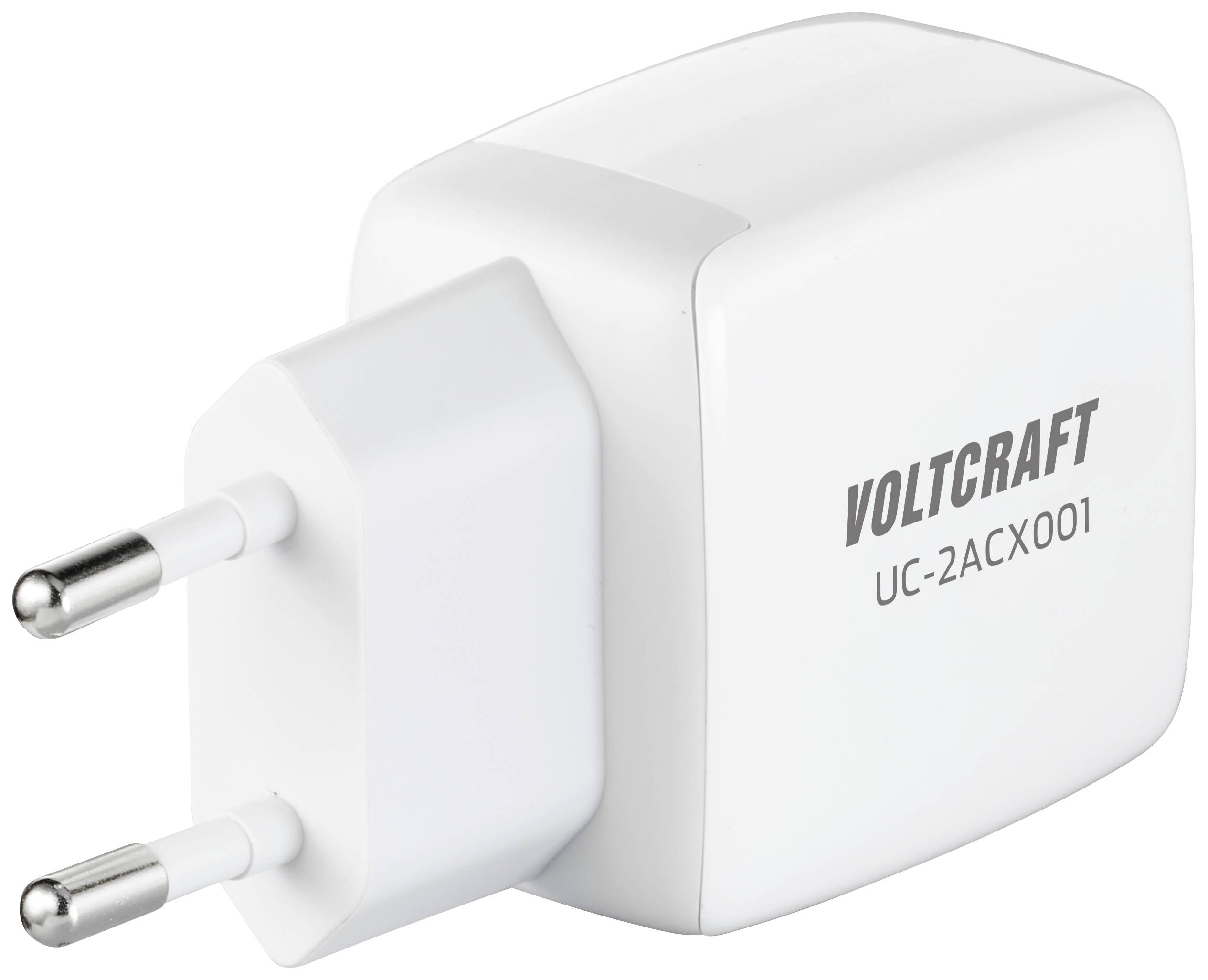 Biele nabíjačka s dvoma zástrčkami, na ktorej je na boku nápis „VOLTCRAFT UC-2ACX001".