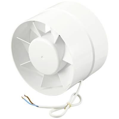 Biely plastový odťahový ventilátor s voľnými káblovými koncami. Vhodný pre použitie vo ventilačných systémoch.