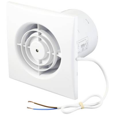 Biela kúpeľňová ventilácia s okrúhlym predným krytom a vystavenými vodičmi je zobrazená. Zariadenie je vhodné na montáž na stenu.