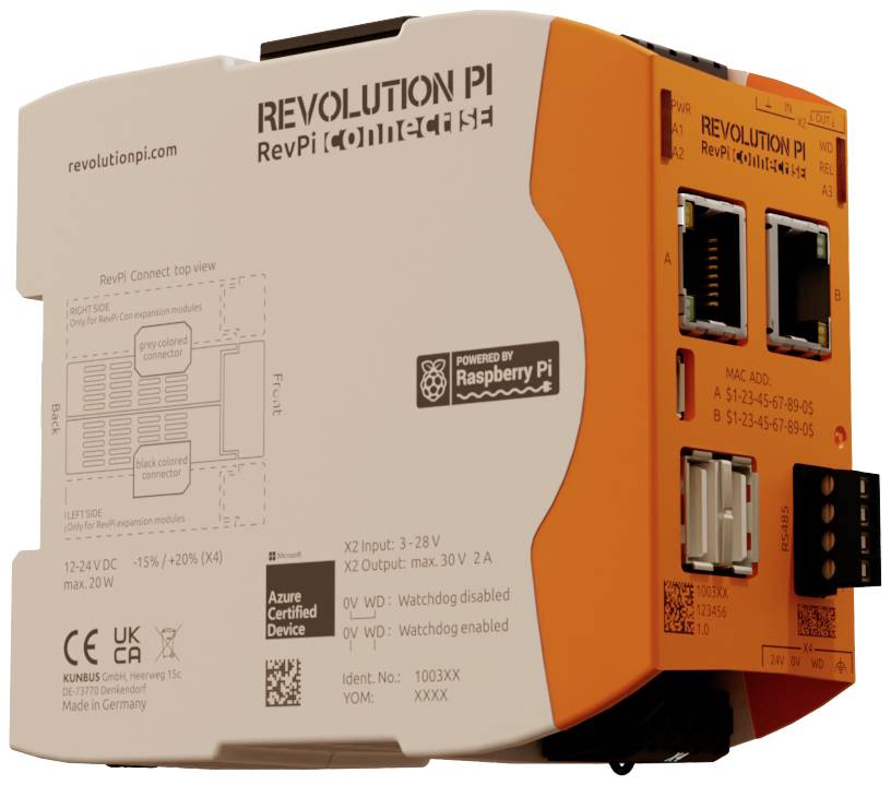Priemyselný PC modul s popismi, sieťovými a napájacími konektormi. Viditeľný firemný názov 'Revolution Pi', založený na Raspberry Pi.
